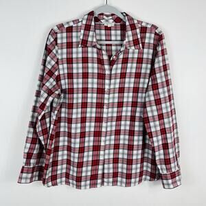 Talbots Size Large Plaid Long Sleeve Button Shirt Top Red Cotton Blend